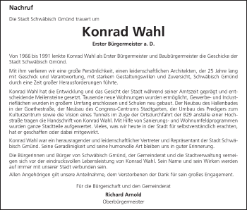 Traueranzeige von Konrad Wahl