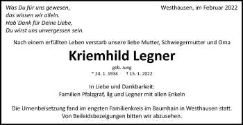 Traueranzeige von Kriemhild Legner von Schwäbische Post