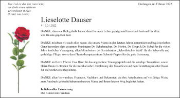 Traueranzeige von Lieselotte Dauser von Gmünder Tagespost