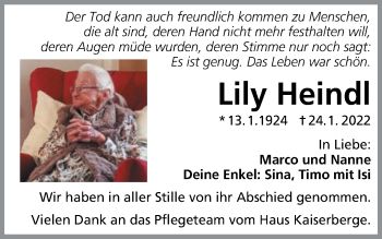 Traueranzeige von Lily Heindl von Gmünder Tagespost