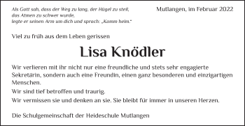 Traueranzeige von Lisa Knödler von Gmünder Tagespost