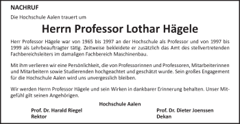 Traueranzeige von Lothar Hägele von Schwäbische Post