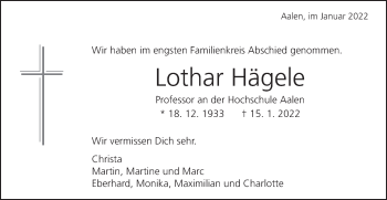 Traueranzeige von Lothar Hägele von Schwäbische Post