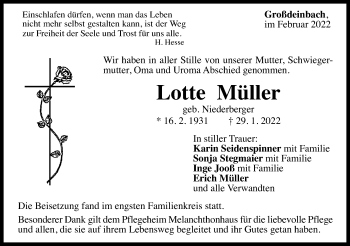 Traueranzeige von Lotte Müller von Gmünder Tagespost