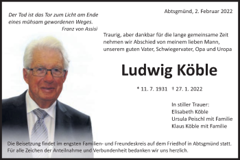 Traueranzeige von Ludwig Köble von Schwäbische Post