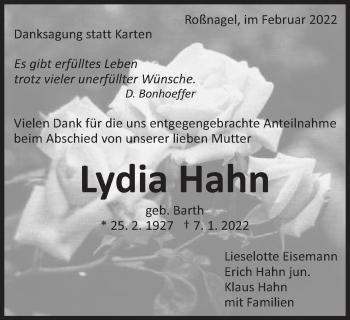 Traueranzeige von Lydia Hahn von Schwäbische Post