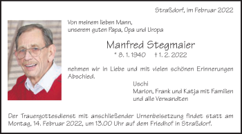 Traueranzeige von Manfred Stegmaier von Gmünder Tagespost