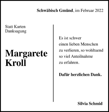 Traueranzeige von Margarete Kroll von Gmünder Tagespost