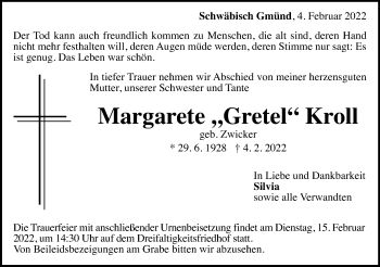 Traueranzeige von Margarete Kroll von Gmünder Tagespost
