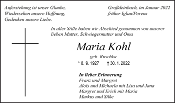 Traueranzeige von Maria Kohl von Gmünder Tagespost