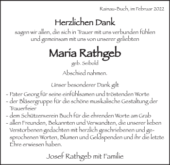 Traueranzeige von Maria Rathgeb von Schwäbische Post