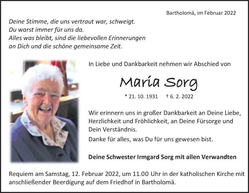  Traueranzeige für Maria Sorg vom 10.02.2022 aus Gmünder Tagespost