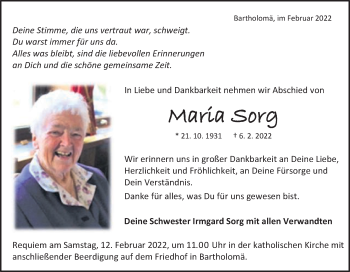 Traueranzeige von Maria Sorg von Gmünder Tagespost