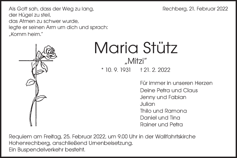  Traueranzeige für Maria Stütz vom 23.02.2022 aus Gmünder Tagespost