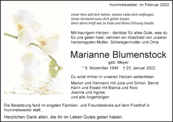Traueranzeige von Marianne Blumenstock von Schwäbische Post