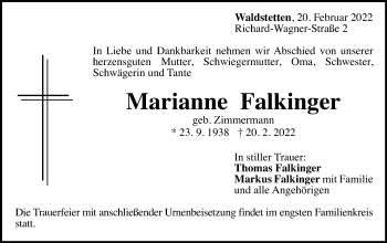Traueranzeige von Marianne Falkinger von Gmünder Tagespost