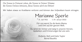 Traueranzeige von Marianne Sperle von Schwäbische Post