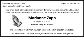 Traueranzeige von Marianne Zapp von Schwäbische Post