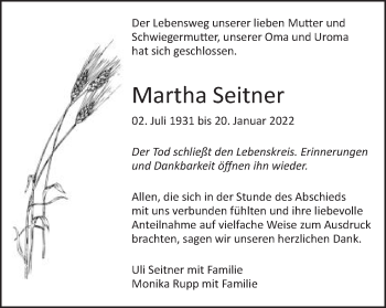 Traueranzeige von Martha Seitner von Amtsblatt_Oko