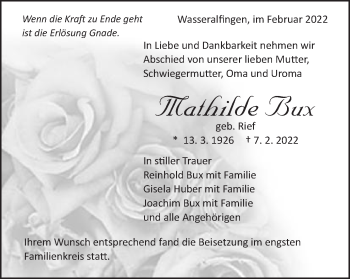 Traueranzeige von Mathilde Bux von Schwäbische Post