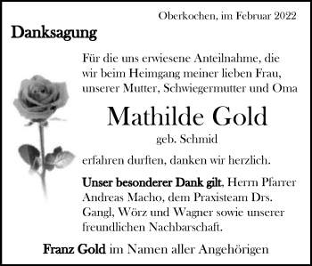 Traueranzeige von Mathilde Gold von Amtsblatt_Oko
