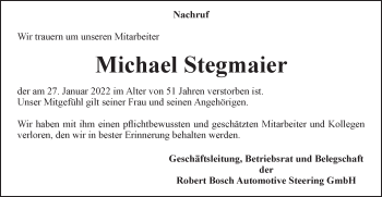 Traueranzeige von Michael Stegmaier von Gmünder Tagespost