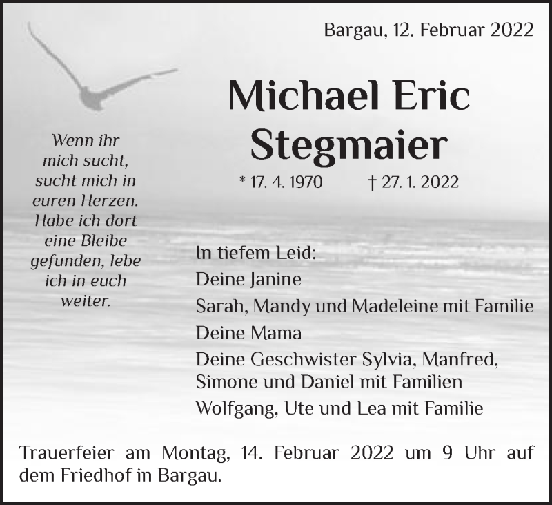  Traueranzeige für Michael Eric Stegmaier vom 12.02.2022 aus Schwäbische Post