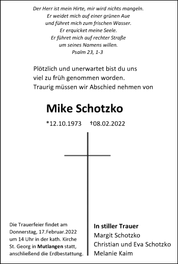 Traueranzeige von Mike Schotzko von Gmünder Tagespost