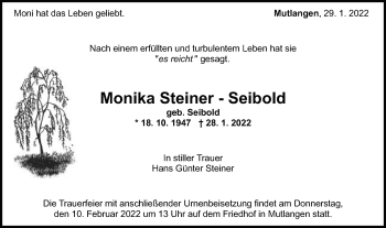 Traueranzeige von Monika  Steiner-Seibold von Gmünder Tagespost