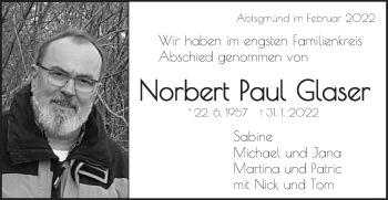 Traueranzeige von Norbert Paul Glaser von Schwäbische Post