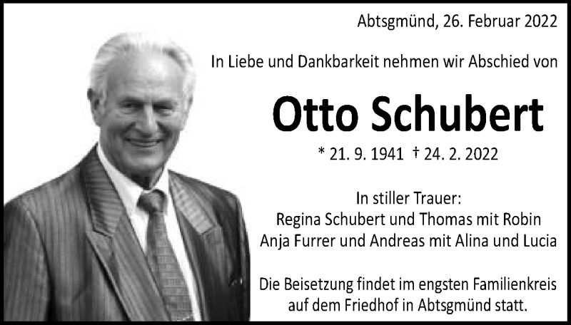  Traueranzeige für Otto Schubert vom 26.02.2022 aus Schwäbische Post