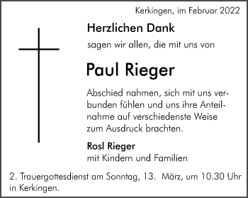 Traueranzeige von Paul Rieger von Schwäbische Post