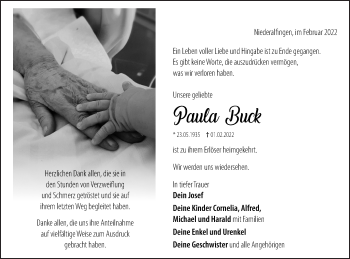 Traueranzeige von Paula Buck von Schwäbische Post