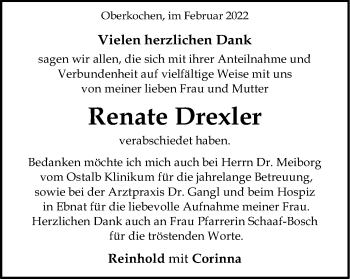 Traueranzeige von Renate Drexler von Schwäbische Post