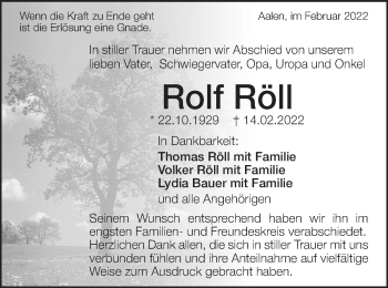 Traueranzeige von Rolf Röll von Schwäbische Post