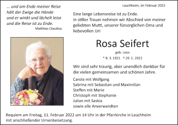 Traueranzeige von Rosa Seifert von Schwäbische Post