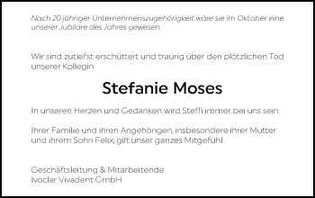 Traueranzeige von Stefanie Moses von Schwäbische Post