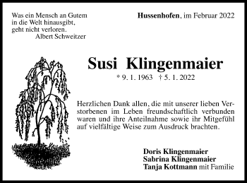 Traueranzeige von Susi Klingenmaier von Gmünder Tagespost