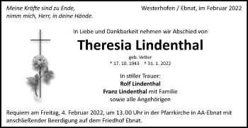 Traueranzeige von Theresia Lindenthal von Schwäbische Post