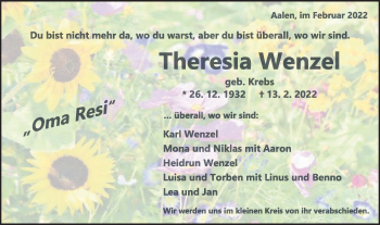 Traueranzeige von Theresia Wenzel von Schwäbische Post