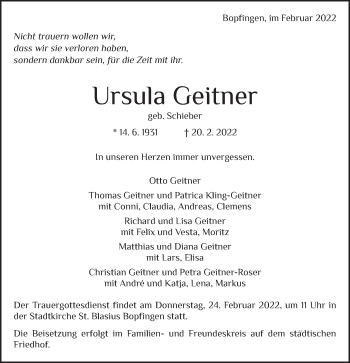 Traueranzeige von Ursula Geitner von Schwäbische Post