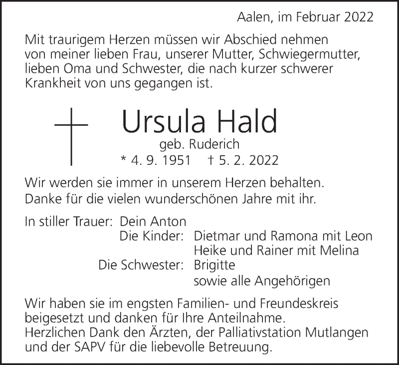  Traueranzeige für Ursula Hald vom 16.02.2022 aus Schwäbische Post