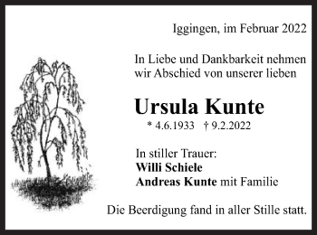 Traueranzeige von Ursula Kunte von Gmünder Tagespost