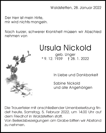 Traueranzeige von Ursula Nickold  von Gmünder Tagespost