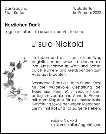 Traueranzeige von Ursula Nickold  von Gmünder Tagespost