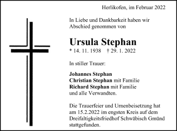 Traueranzeige von Ursula Stephan von Gmünder Tagespost