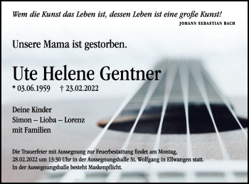 Traueranzeige von Ute Helene Gentner von Schwäbische Post