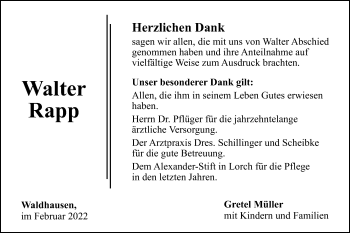 Traueranzeige von Walter Rapp von Gmünder Tagespost