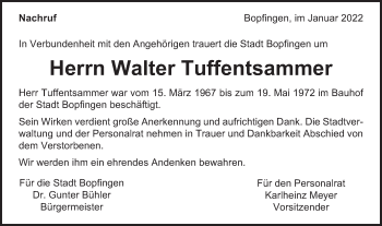 Traueranzeige von Walter Tuffentsammer von Bopfinger Stadtanzeiger