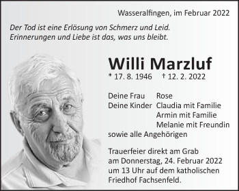 Traueranzeige von Willi Marzluf von Schwäbische Post